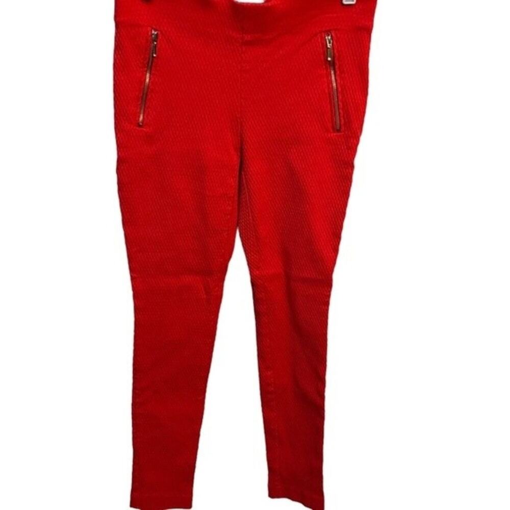 Fenn Wright Manson Studio Red Skinny Quilted Pants Size 8. Faux Zipper Pockets.